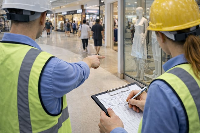 Personal técnico realizando una inspección de mantenimiento en un centro comercial para detectar riesgos operativos.