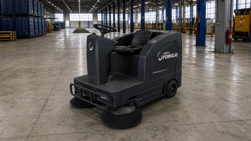 Barredora industrial hombre a bordo en planta Stellantis